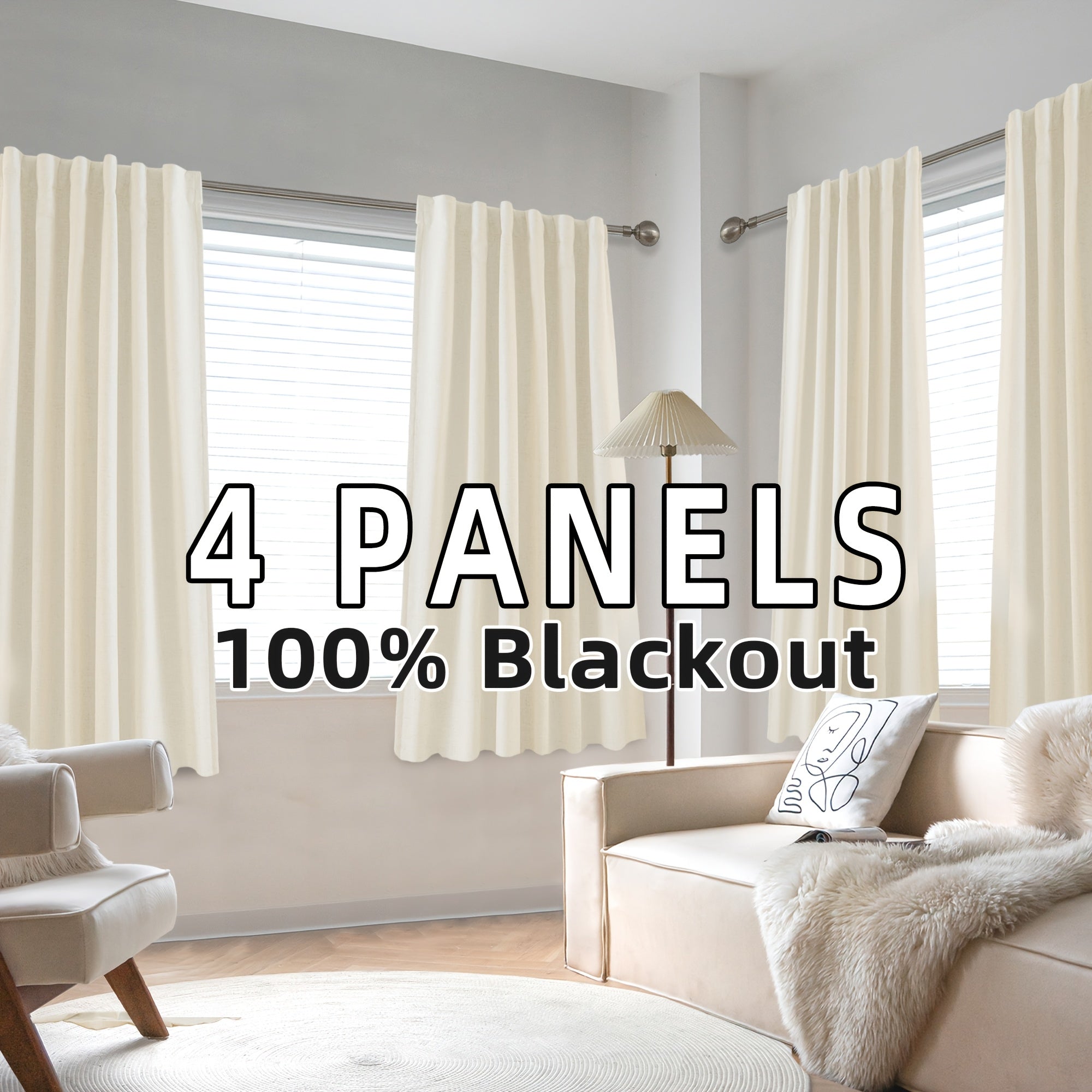 Blackout Linen Curtains 4 Panels 100% Blackout Linen Curtains | Thermal Insulated Rod Pocket Back Tab Full Light Blocking for Bedroom Farmhouse Living Room