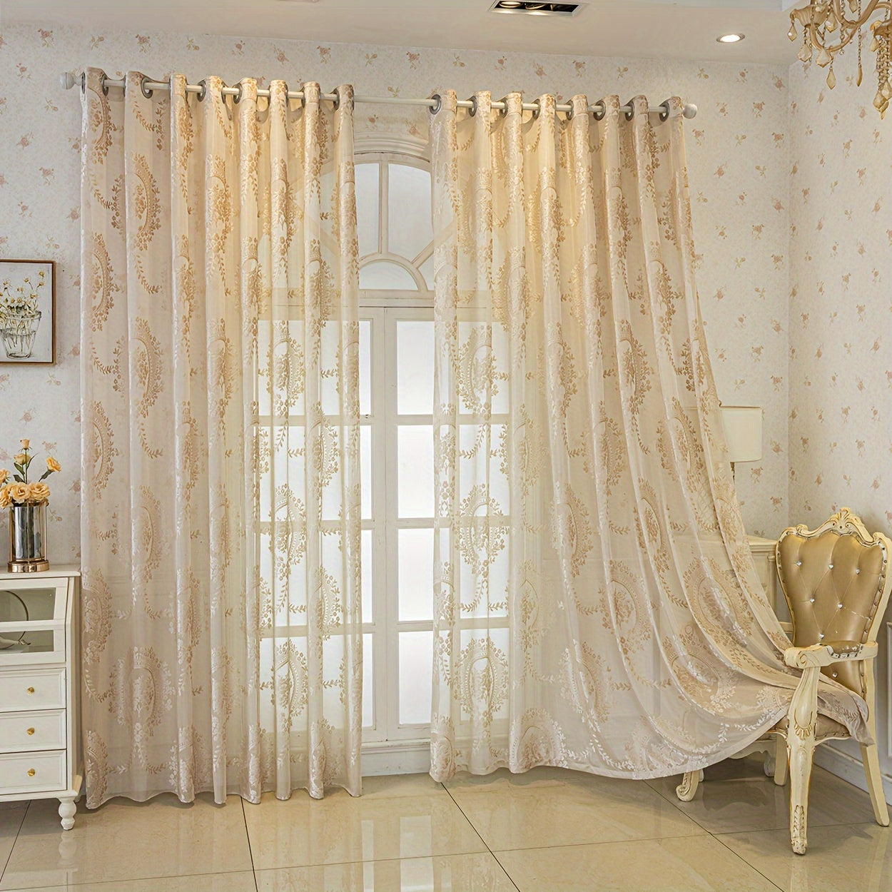 2-Panel Vintage Jacquard Sheer Curtains with Grommet Top - Soft, Light-Filtering Drapes for Living Room, Bedroom, Office Decor