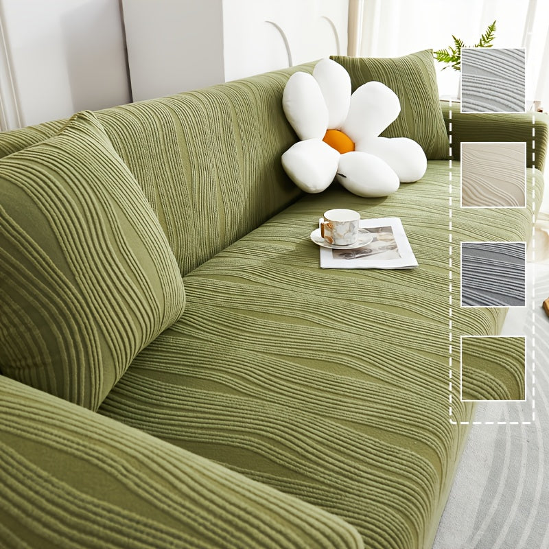 1pc Modern Sofa Cover Compatible for 1-4 Seat Sofas - Thick Elastic Pet-Friendly Machine-Washable Beige & White Striped with Orange Accent Cover, Contemporary Jacquard Sofa for Living Room, Bedroom, Office - Fits Most Sofas