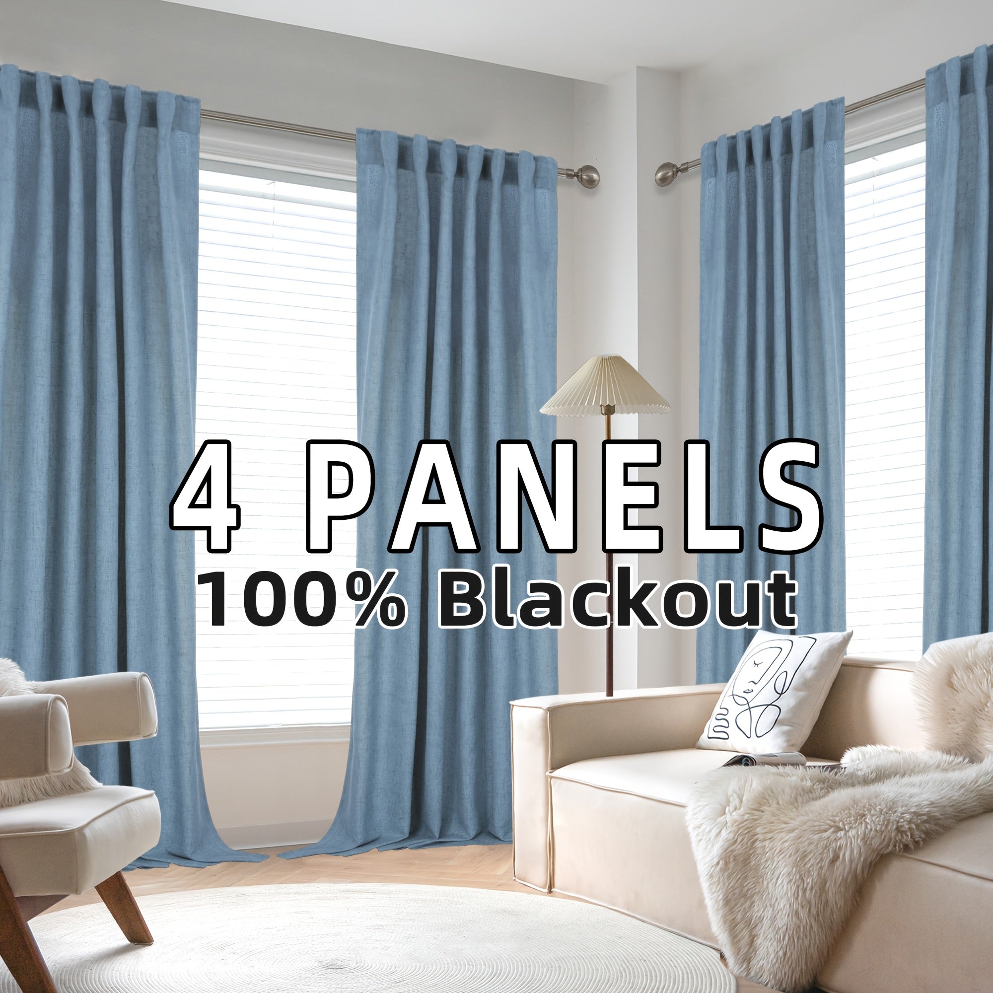 Blackout Linen Curtains 4 Panels 100% Blackout Linen Curtains | Thermal Insulated Rod Pocket Back Tab Full Light Blocking for Bedroom Farmhouse Living Room