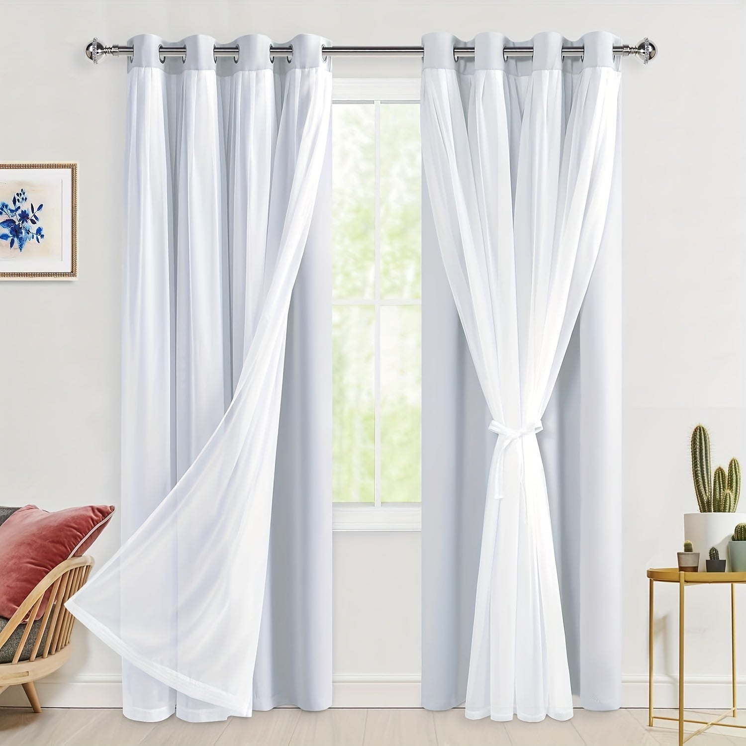 2 Panels Blackout Curtains with Sheer Overlay Thermal Insulated Mix & Match Double Layer Window Panels for Bedroom Living Room Drape Sewn with Tiebacks Grommet Top