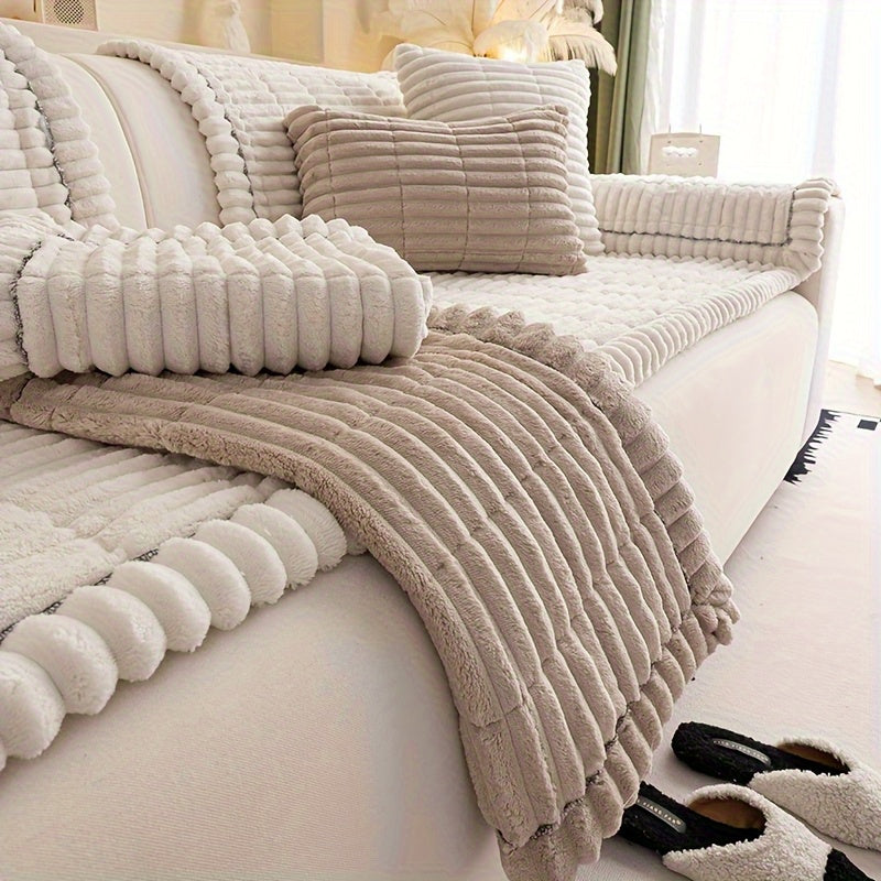 1pc Bohemian Plush Sofa Cushion Suitable for All Sofa Types, Thickened Pet-Friendly Cushion Cover with Ruffled Edges, Machine Washable Non-Slip Cover Fits for Single\u002FDouble\u002FTriple\u002FQuad Sofas, Quilted for
