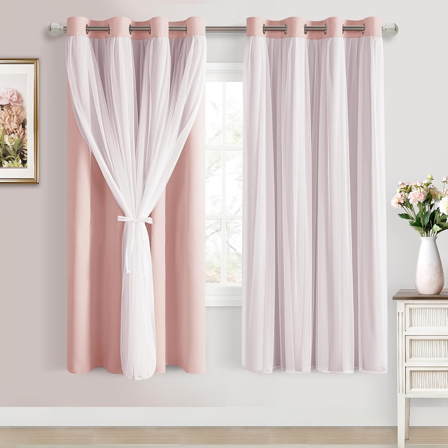 2 Panels Blackout Curtains with Sheer Overlay Thermal Insulated Mix & Match Double Layer Window Panels for Bedroom Living Room Drape Sewn with Tiebacks Grommet Top