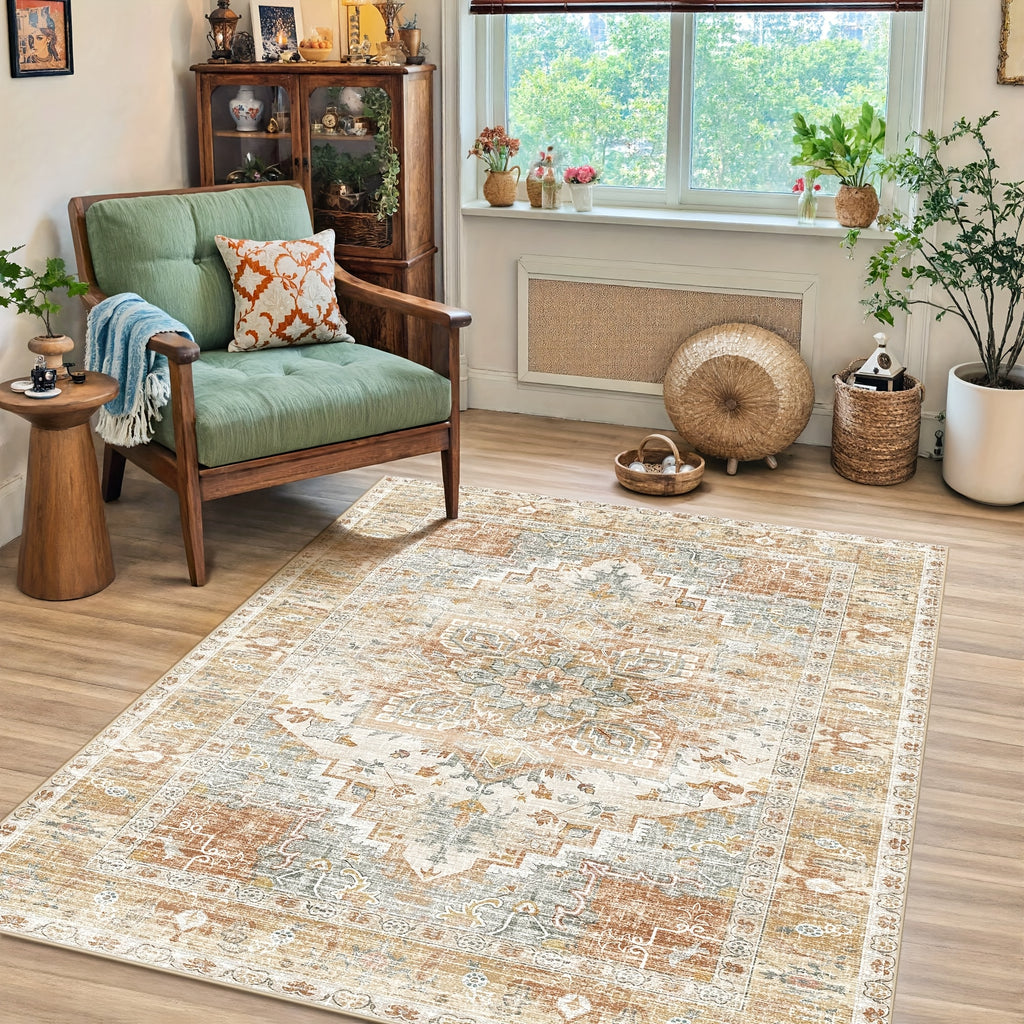 One Washable Rug in Orange And Cream, Made of Faux Cashmere with a Short Plush Texture. It Features a Non-Slip Backing And Is Soft, Non-Shedding, And Has a Durable Edge, Suitable for Decorating Living Rooms, Bedrooms, Kitchens, Laundry Areas