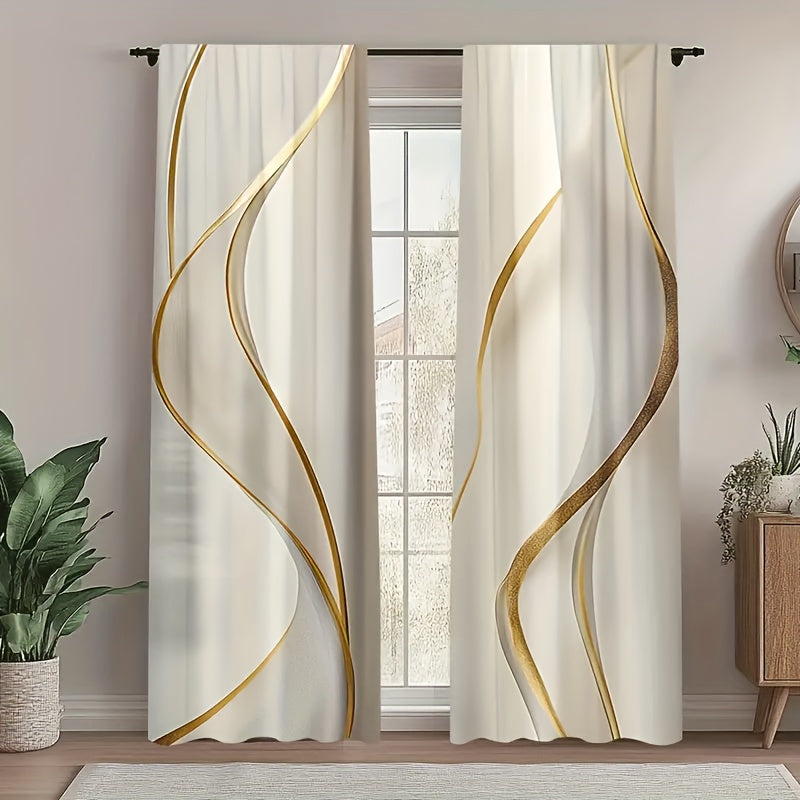 Elegant Polyester Drapes 2pcs Golden Elegance Polyester Drapes - Semi-Transparent, Rod Pocket, Machine Washable Curtains for Living Room, Bedroom, Kitchen - Creates Comfortable Atmosphere