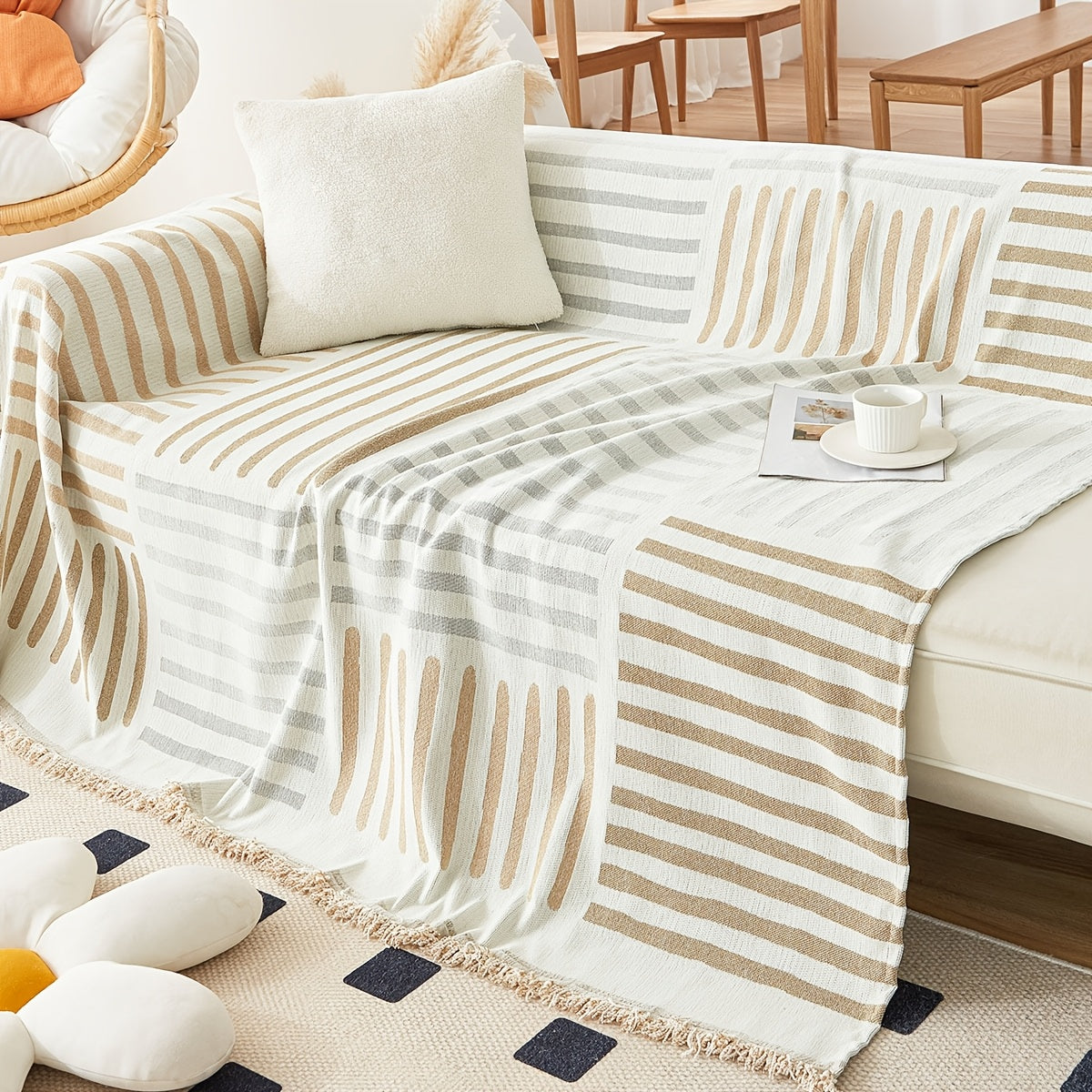 1pc Modern Pet-Friendly Sofa Cover Compatible for 3-Seater, 2-Seater & -Shaped Sofas - Chenille Slipcover with Tassels, Non-Slip Furniture Protector, -Piece, Machine Washable, Couch Cover for Pets (All- Use)