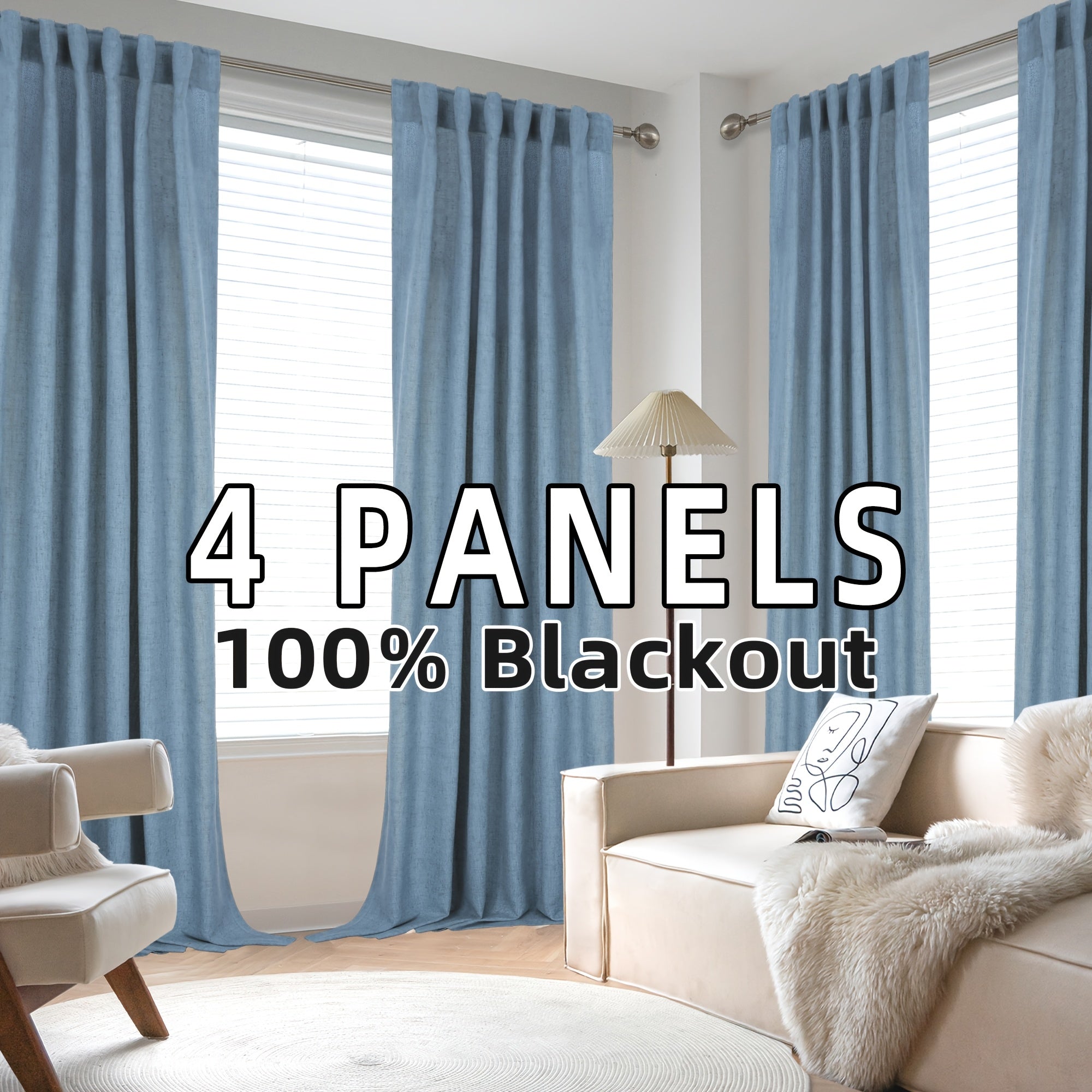 Blackout Linen Curtains 4 Panels 100% Blackout Linen Curtains | Thermal Insulated Rod Pocket Back Tab Full Light Blocking for Bedroom Farmhouse Living Room