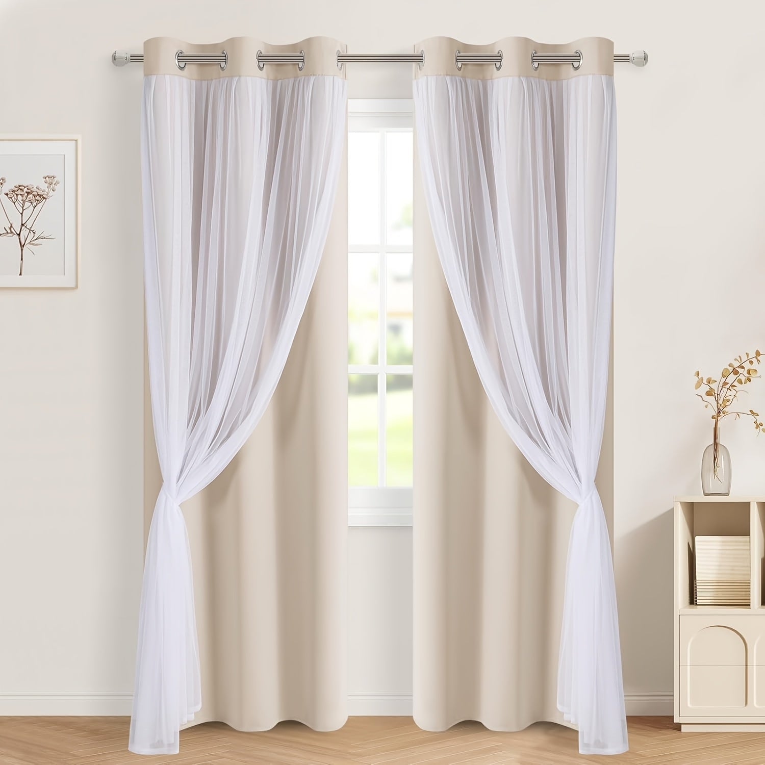 2 Panels Blackout Curtains with Sheer Overlay Thermal Insulated Mix & Match Double Layer Window Panels for Bedroom Living Room Drape Sewn with Tiebacks Grommet Top