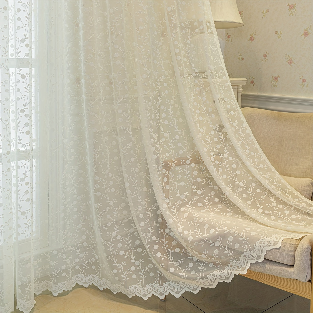 2pcs garden small flowers grass branches pattern jacquard transparent curtains, modern simple fashion living room bedroom kitchen dining room balcony home decorationdecoration