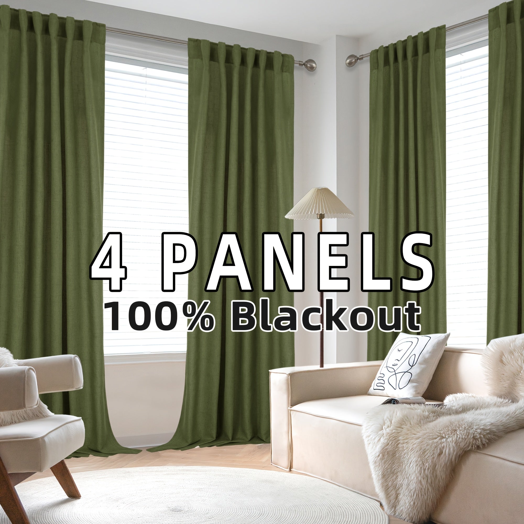Blackout Linen Curtains 4 Panels 100% Blackout Linen Curtains | Thermal Insulated Rod Pocket Back Tab Full Light Blocking for Bedroom Farmhouse Living Room