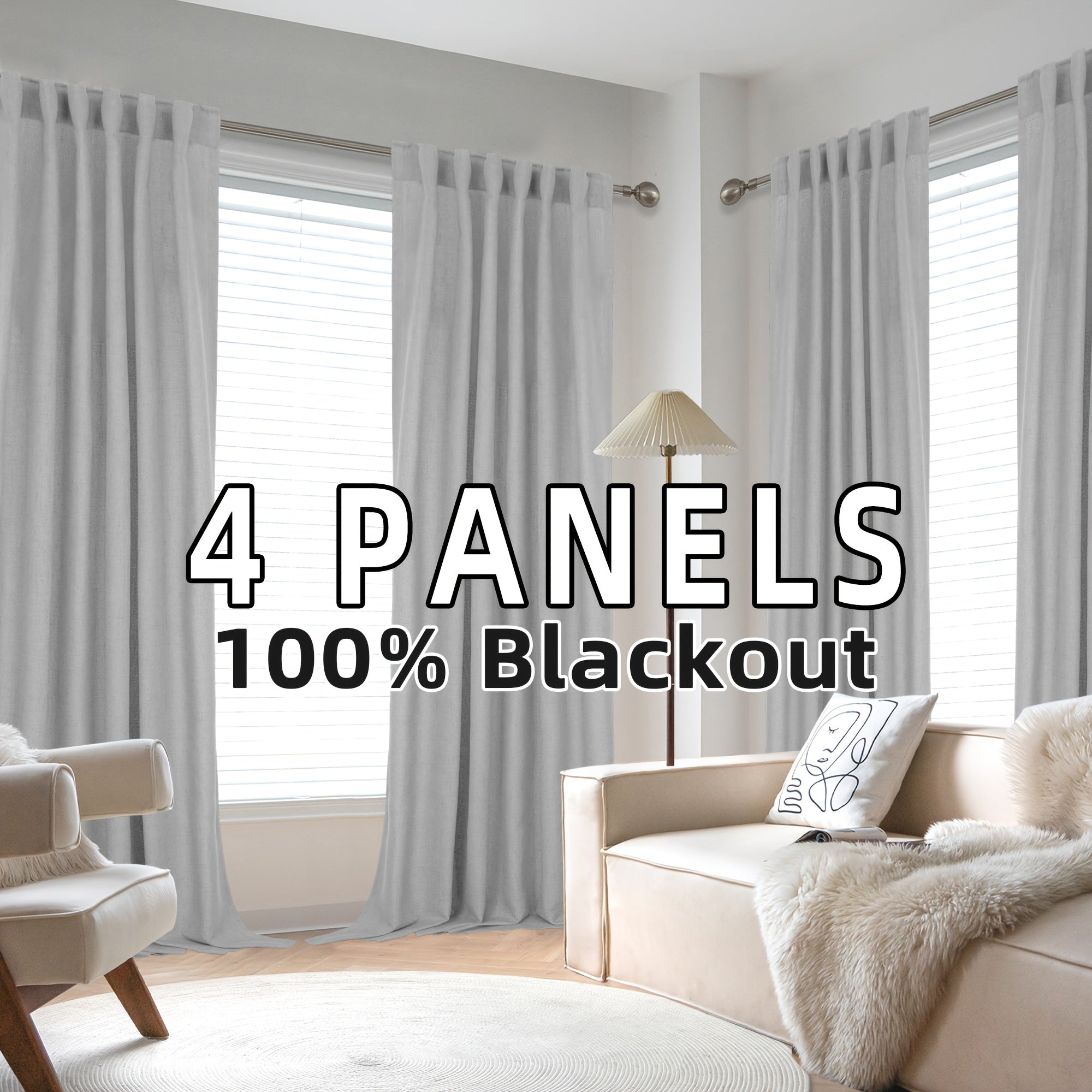 Blackout Linen Curtains 4 Panels 100% Blackout Linen Curtains | Thermal Insulated Rod Pocket Back Tab Full Light Blocking for Bedroom Farmhouse Living Room