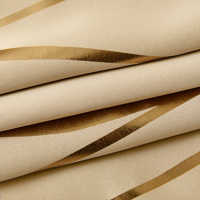 Wave Textured Curtains 4pcs Set Of Khaki Wave Textured Hot Stamping Curtains | Perforated Hanging For Shading, Heat Insulation, Cooling & Noise Reduction - Darkens Room, Suitable For Living, Dining & Study Rooms