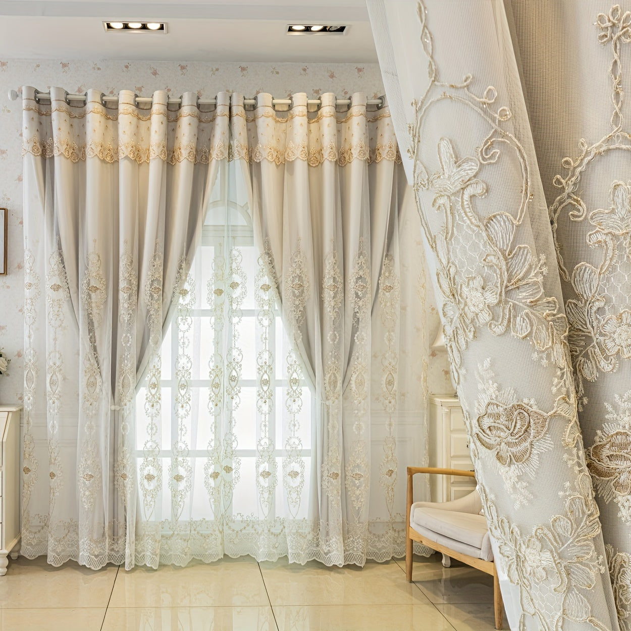 2pcs Double Layered Embroidered Blackout Curtains, Living Room, Bedroom, Dining Room, Kitchen, European Romantic Bay Window Curtains, Embroidered Curtains, Home Decoration