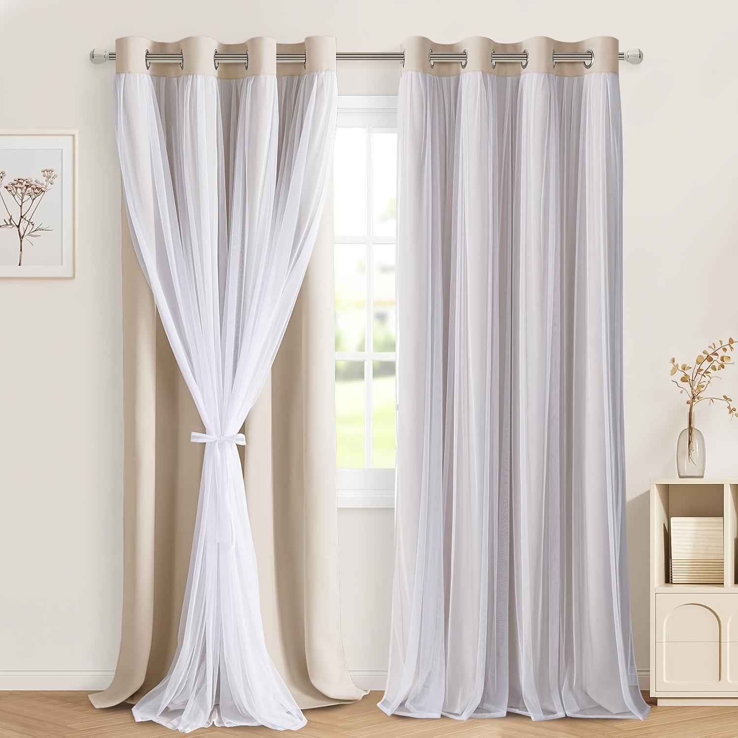 2 Panels Blackout Curtains with Sheer Overlay Thermal Insulated Mix & Match Double Layer Window Panels for Bedroom Living Room Drape Sewn with Tiebacks Grommet Top
