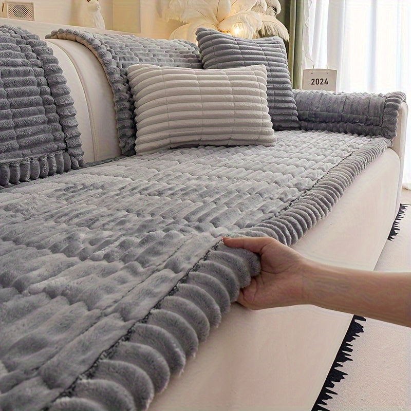 1pc Bohemian Plush Sofa Cushion Suitable for All Sofa Types, Thickened Pet-Friendly Cushion Cover with Ruffled Edges, Machine Washable Non-Slip Cover Fits for Single\u002FDouble\u002FTriple\u002FQuad Sofas, Quilted for