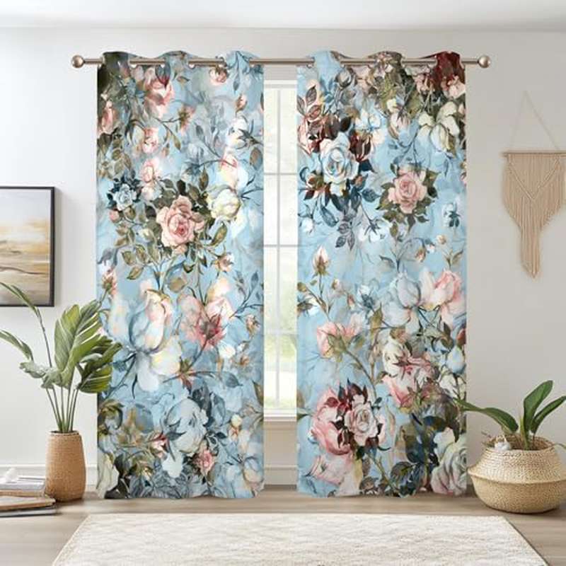 Blue Rose Floral Blackout Curtains, Light Blue Watercolor Flowers Blossom Bedroom Window Curtains, Vintage Grommet Window Drapes for Living Room 42W x 84L 2 Panels Set