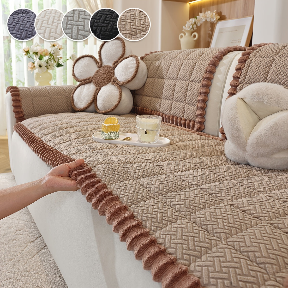 1pc Modern Chenille Sofa Cover Compatible for 2\u002F3\u002F4-Seater Couches, Thickened Wide-Edge Design with Non-Slip Base & Pet-Friendly Suitable for All Sofa Types, Machine Washable Cover, Wide-Cover for Loveseats and Sectional Couches