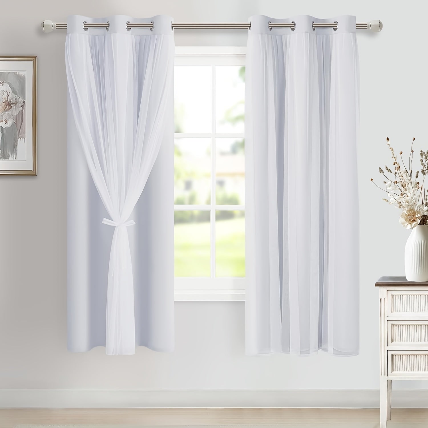 2 Panels Blackout Curtains with Sheer Overlay Thermal Insulated Mix & Match Double Layer Window Panels for Bedroom Living Room Drape Sewn with Tiebacks Grommet Top