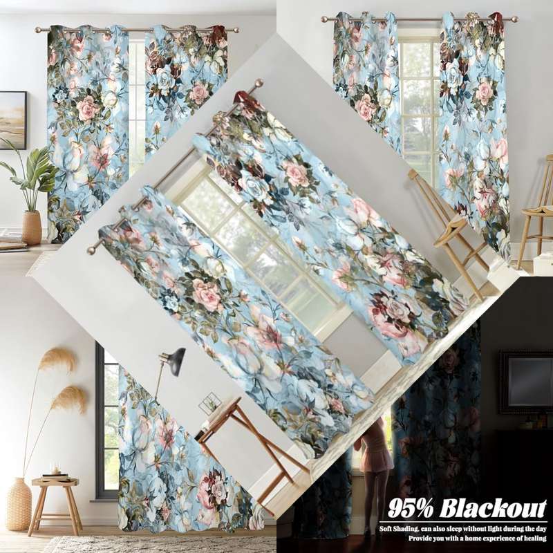 Blue Rose Floral Blackout Curtains, Light Blue Watercolor Flowers Blossom Bedroom Window Curtains, Vintage Grommet Window Drapes for Living Room 42W x 84L 2 Panels Set