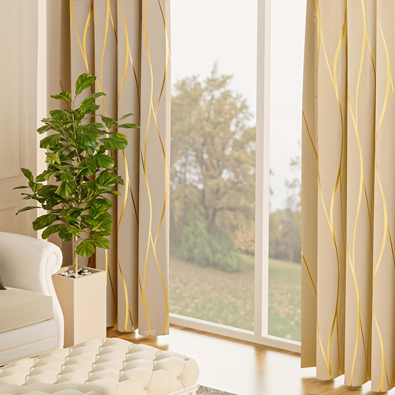 Wave Textured Curtains 4pcs Set Of Khaki Wave Textured Hot Stamping Curtains | Perforated Hanging For Shading, Heat Insulation, Cooling & Noise Reduction - Darkens Room, Suitable For Living, Dining & Study Rooms