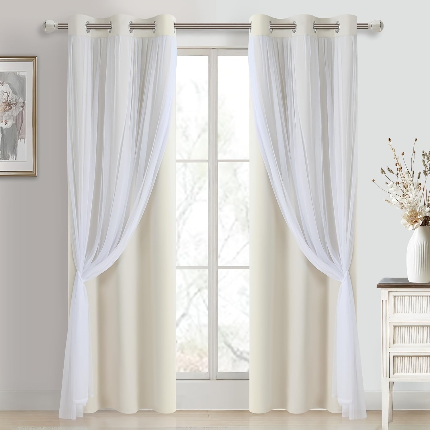 2 Panels Blackout Curtains with Sheer Overlay Thermal Insulated Mix & Match Double Layer Window Panels for Bedroom Living Room Drape Sewn with Tiebacks Grommet Top