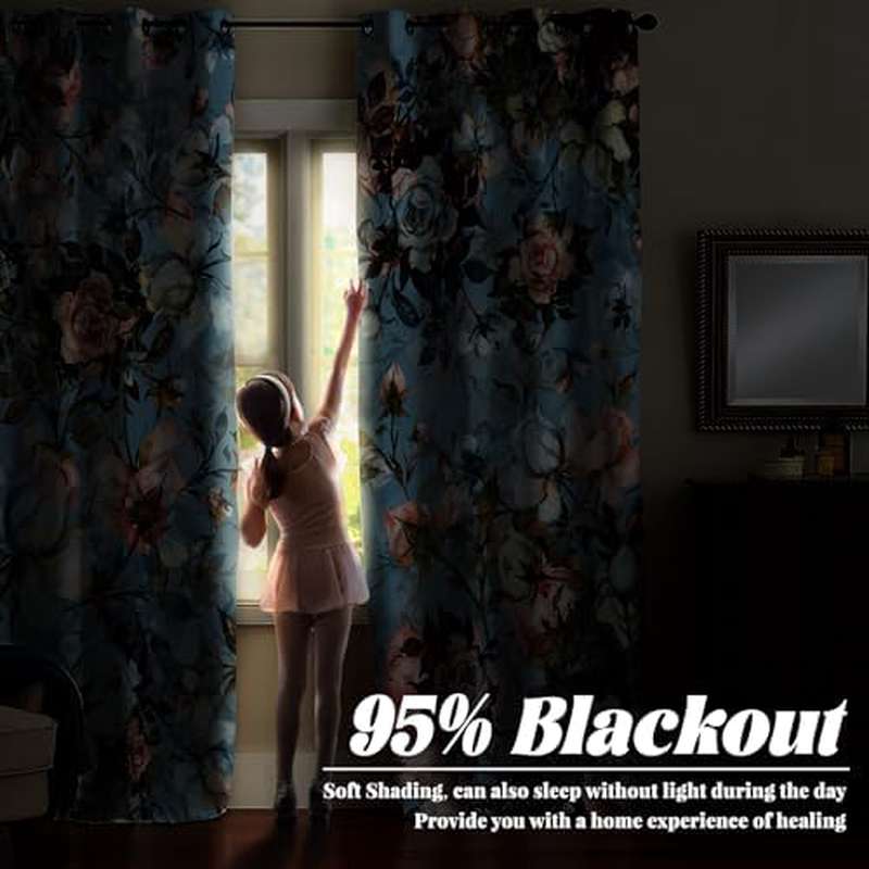 Blue Rose Floral Blackout Curtains, Light Blue Watercolor Flowers Blossom Bedroom Window Curtains, Vintage Grommet Window Drapes for Living Room 42W x 84L 2 Panels Set