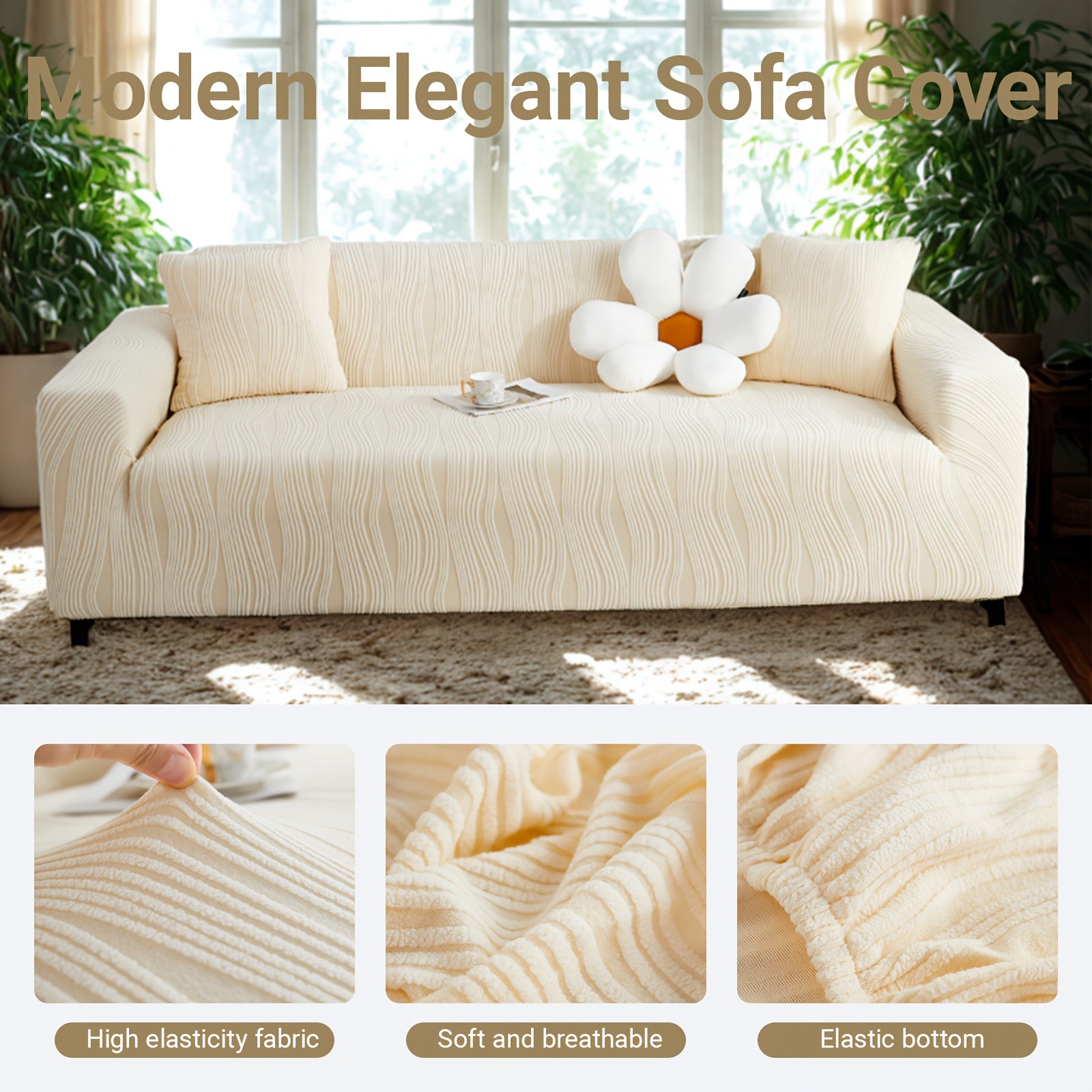 1pc Modern Sofa Cover Compatible for 1-4 Seat Sofas - Thick Elastic Pet-Friendly Machine-Washable Beige & White Striped with Orange Accent Cover, Contemporary Jacquard Sofa for Living Room, Bedroom, Office - Fits Most Sofas