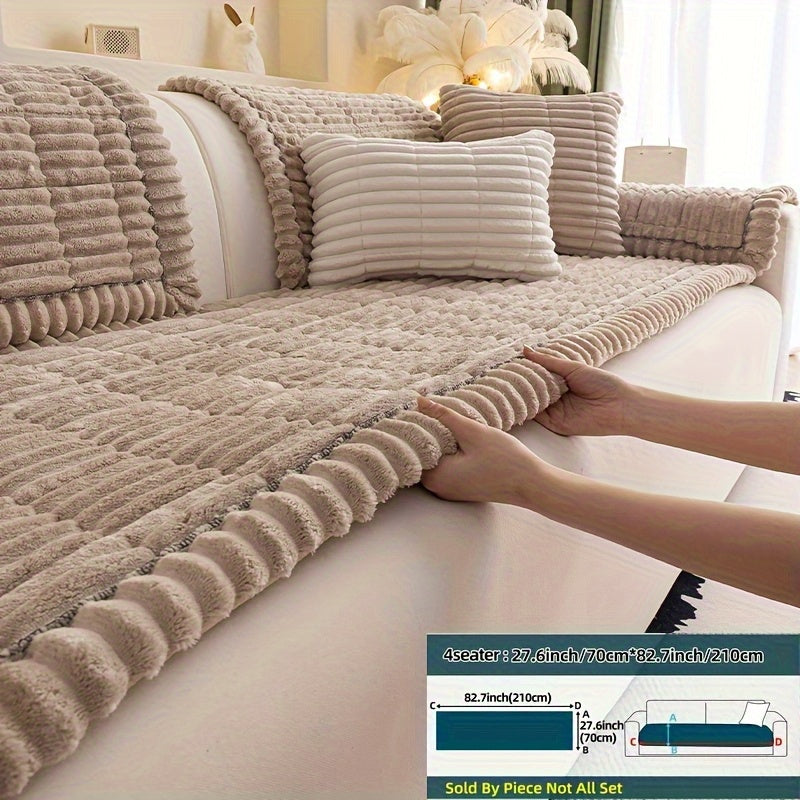 1pc Bohemian Plush Sofa Cushion Suitable for All Sofa Types, Thickened Pet-Friendly Cushion Cover with Ruffled Edges, Machine Washable Non-Slip Cover Fits for Single\u002FDouble\u002FTriple\u002FQuad Sofas, Quilted for
