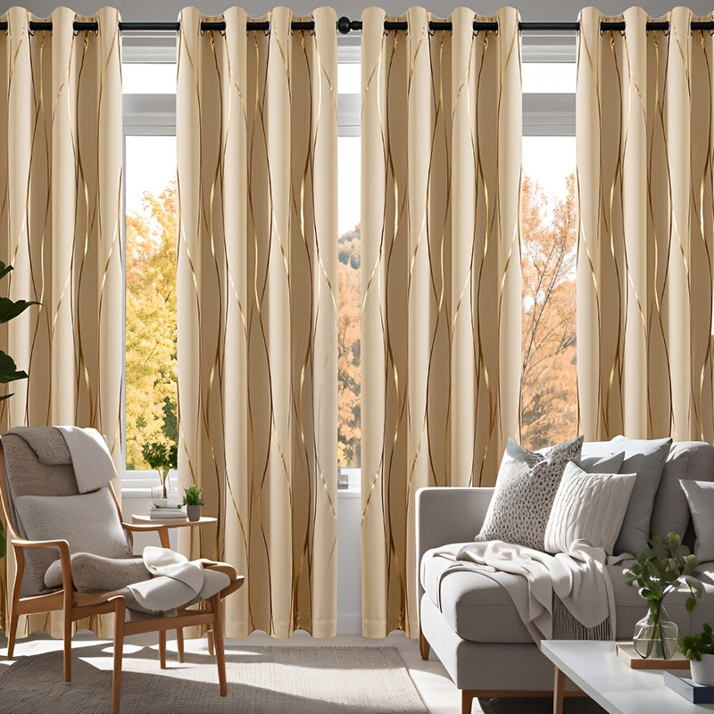 Wave Textured Curtains 4pcs Set Of Khaki Wave Textured Hot Stamping Curtains | Perforated Hanging For Shading, Heat Insulation, Cooling & Noise Reduction - Darkens Room, Suitable For Living, Dining & Study Rooms
