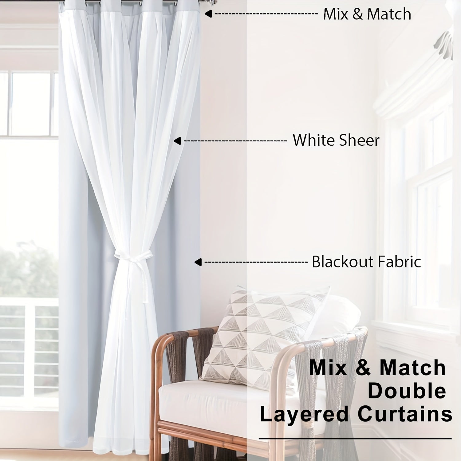 2 Panels Blackout Curtains with Sheer Overlay Thermal Insulated Mix & Match Double Layer Window Panels for Bedroom Living Room Drape Sewn with Tiebacks Grommet Top