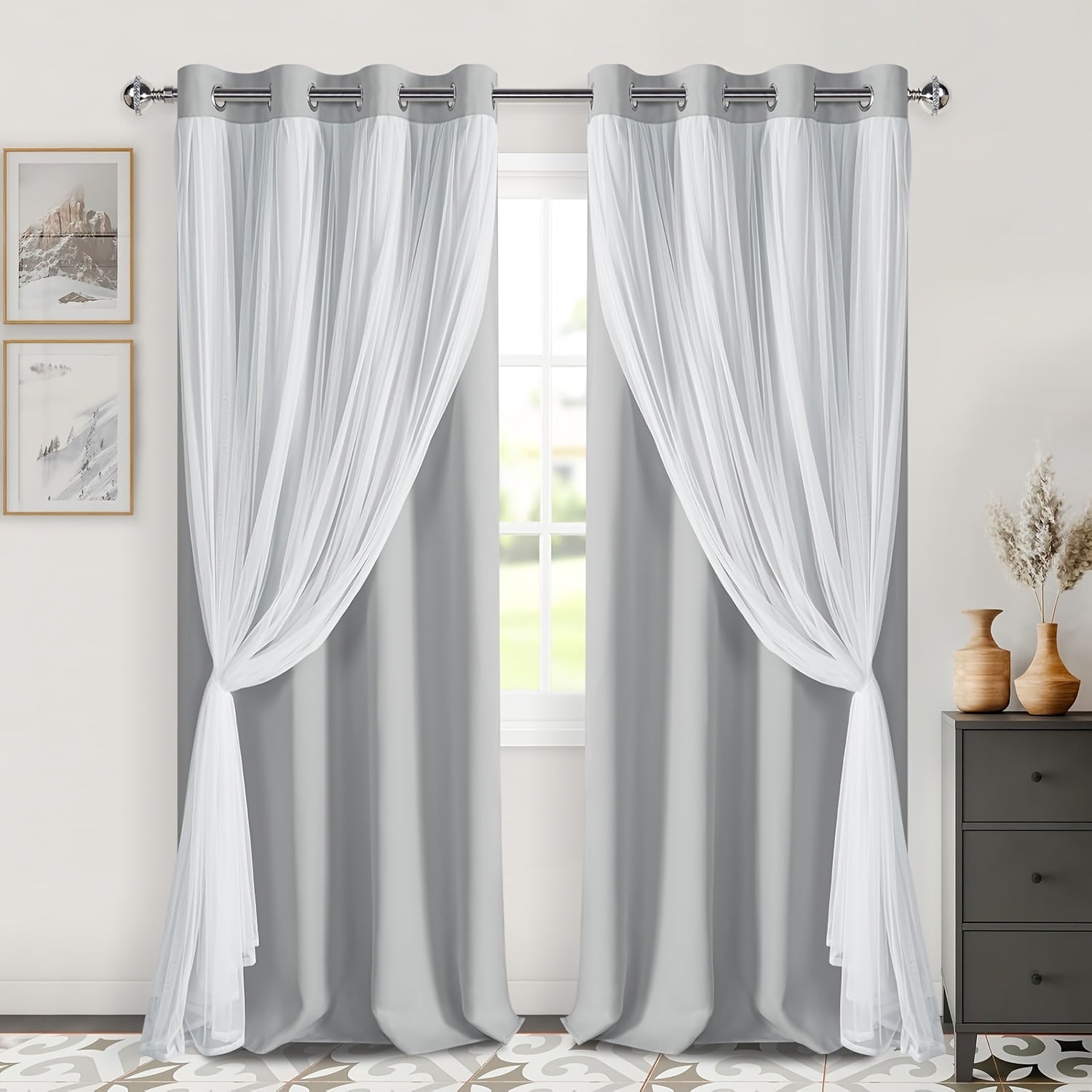 2 Panels Blackout Curtains with Sheer Overlay Thermal Insulated Mix & Match Double Layer Window Panels for Bedroom Living Room Drape Sewn with Tiebacks Grommet Top
