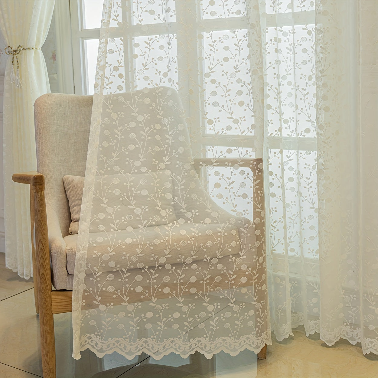 2pcs garden small flowers grass branches pattern jacquard transparent curtains, modern simple fashion living room bedroom kitchen dining room balcony home decorationdecoration