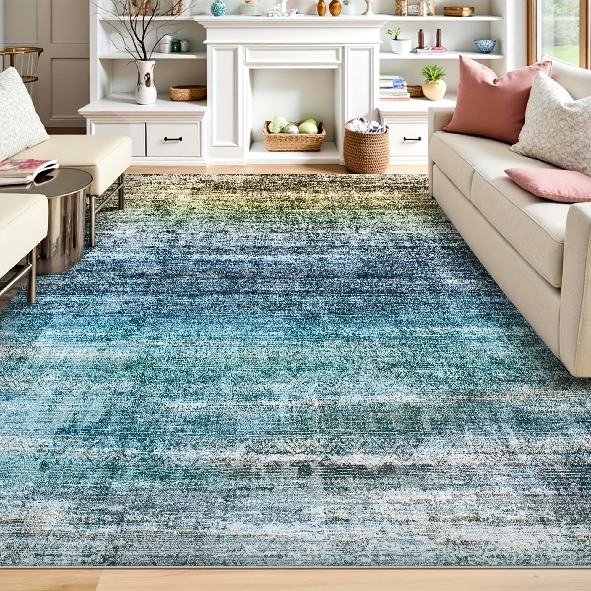 1pc Washable Area Rug Gradient Teal Blue Soft & Non-Slip, Vintage Moroccan Style, Modern Abstract Easy Cleaning - Perfect For Living Room, Bedroom, Dining Room