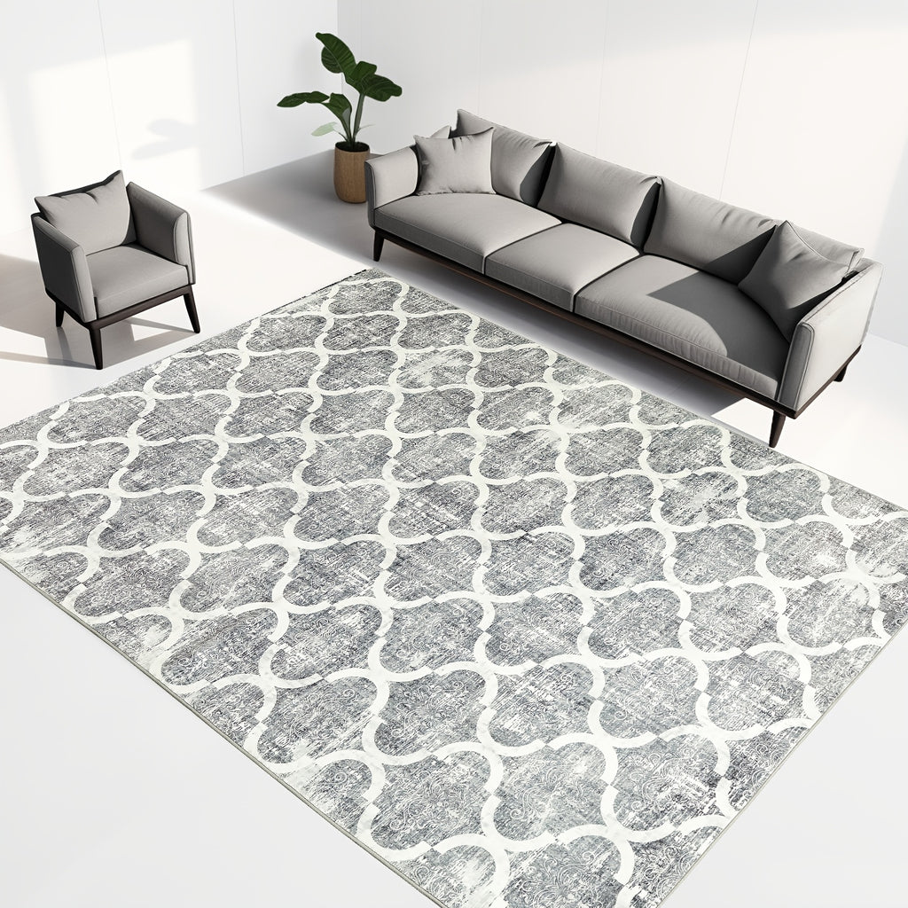 Grey and White Area Rug | Modern Minimalist Design, Non-Shedding, Easy Cleaning, Ideal for Living Room, Bedroom, Office, Dining Space, Polyester, Machine Made, Hooked Weave, 0.2 inch Thick
