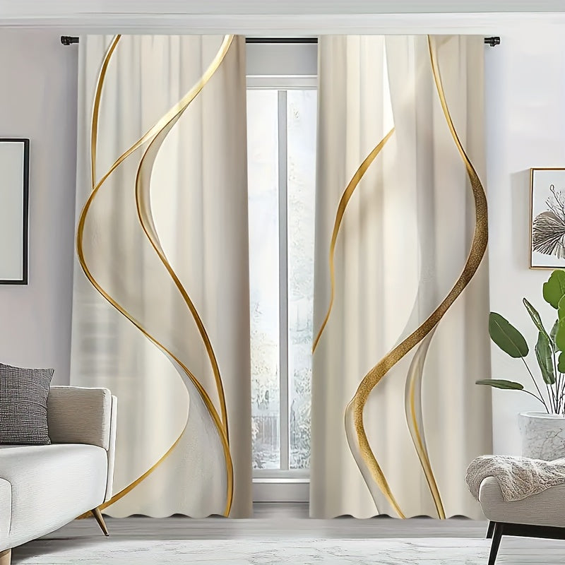 Elegant Polyester Drapes 2pcs Golden Elegance Polyester Drapes - Semi-Transparent, Rod Pocket, Machine Washable Curtains for Living Room, Bedroom, Kitchen - Creates Comfortable Atmosphere