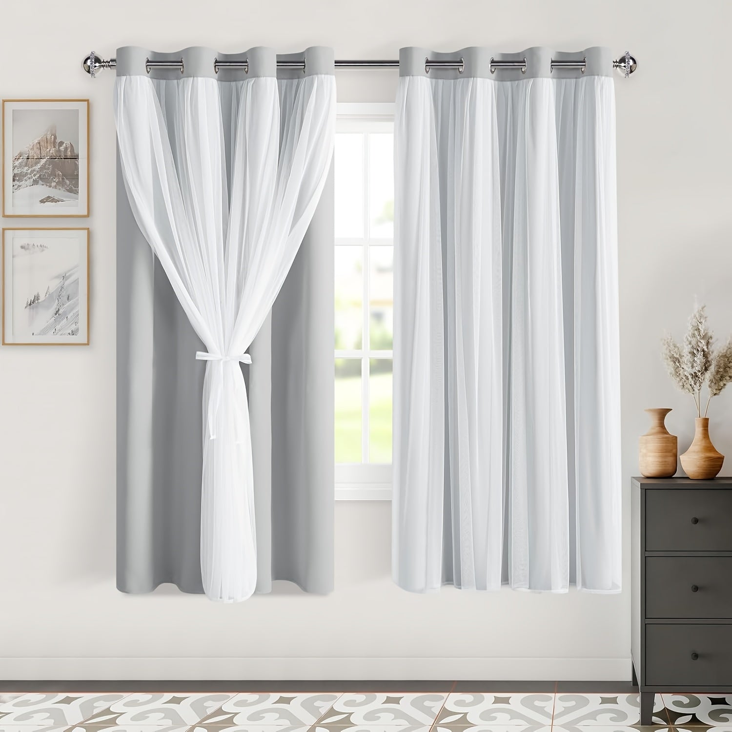 2 Panels Blackout Curtains with Sheer Overlay Thermal Insulated Mix & Match Double Layer Window Panels for Bedroom Living Room Drape Sewn with Tiebacks Grommet Top
