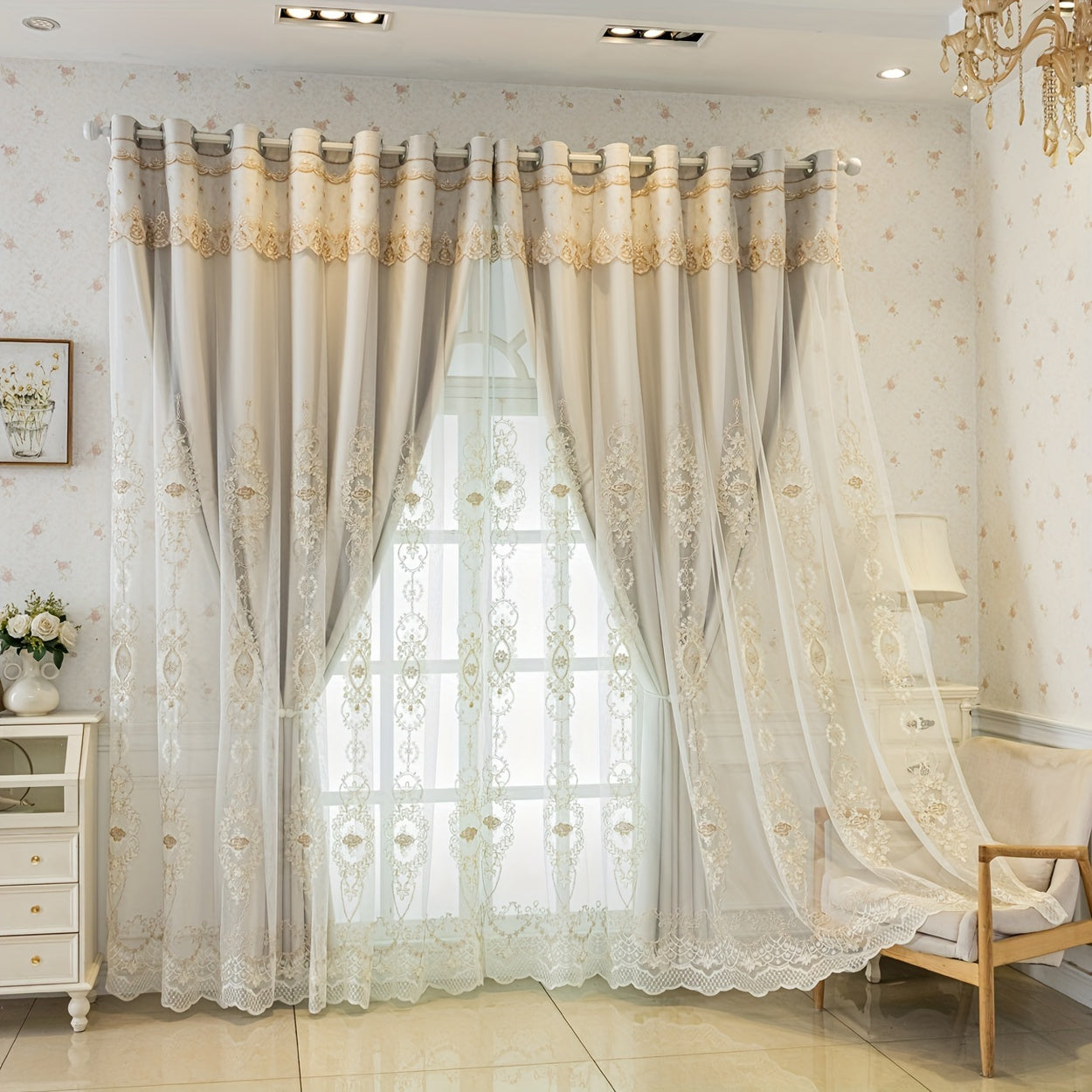 2pcs Double Layered Embroidered Blackout Curtains, Living Room, Bedroom, Dining Room, Kitchen, European Romantic Bay Window Curtains, Embroidered Curtains, Home Decoration