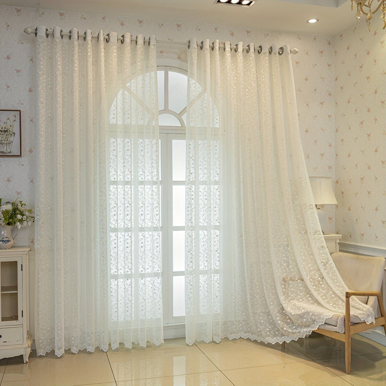 2pcs garden small flowers grass branches pattern jacquard transparent curtains, modern simple fashion living room bedroom kitchen dining room balcony home decorationdecoration
