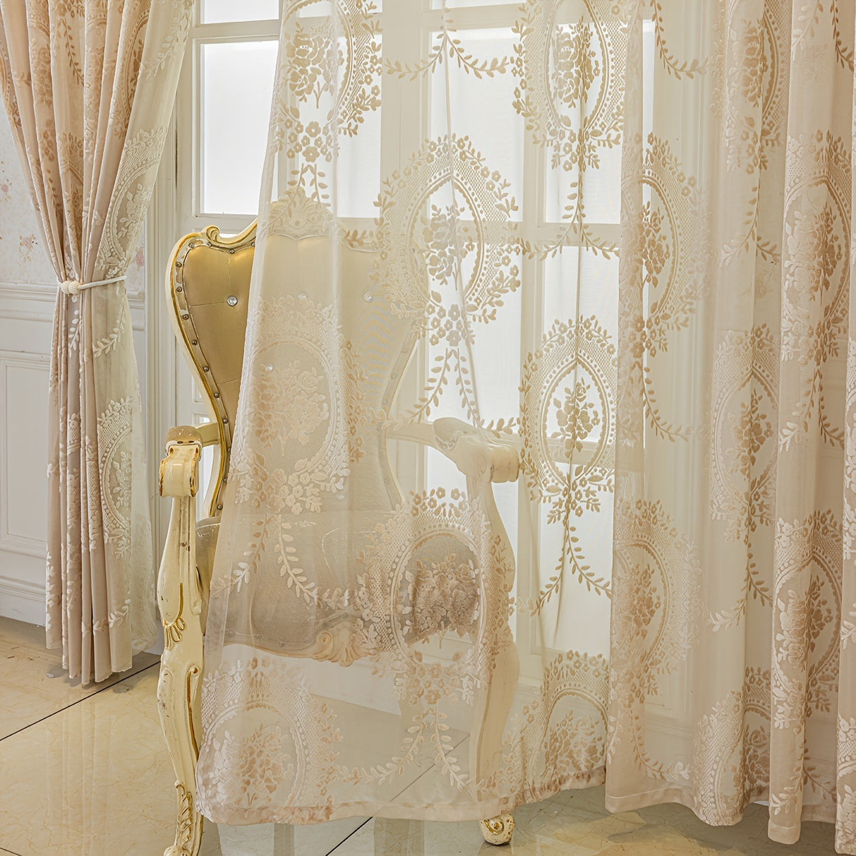 2-Panel Vintage Jacquard Sheer Curtains with Grommet Top - Soft, Light-Filtering Drapes for Living Room, Bedroom, Office Decor