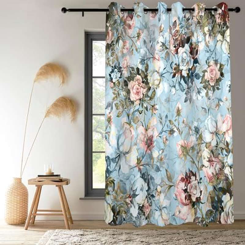 Blue Rose Floral Blackout Curtains, Light Blue Watercolor Flowers Blossom Bedroom Window Curtains, Vintage Grommet Window Drapes for Living Room 42W x 84L 2 Panels Set