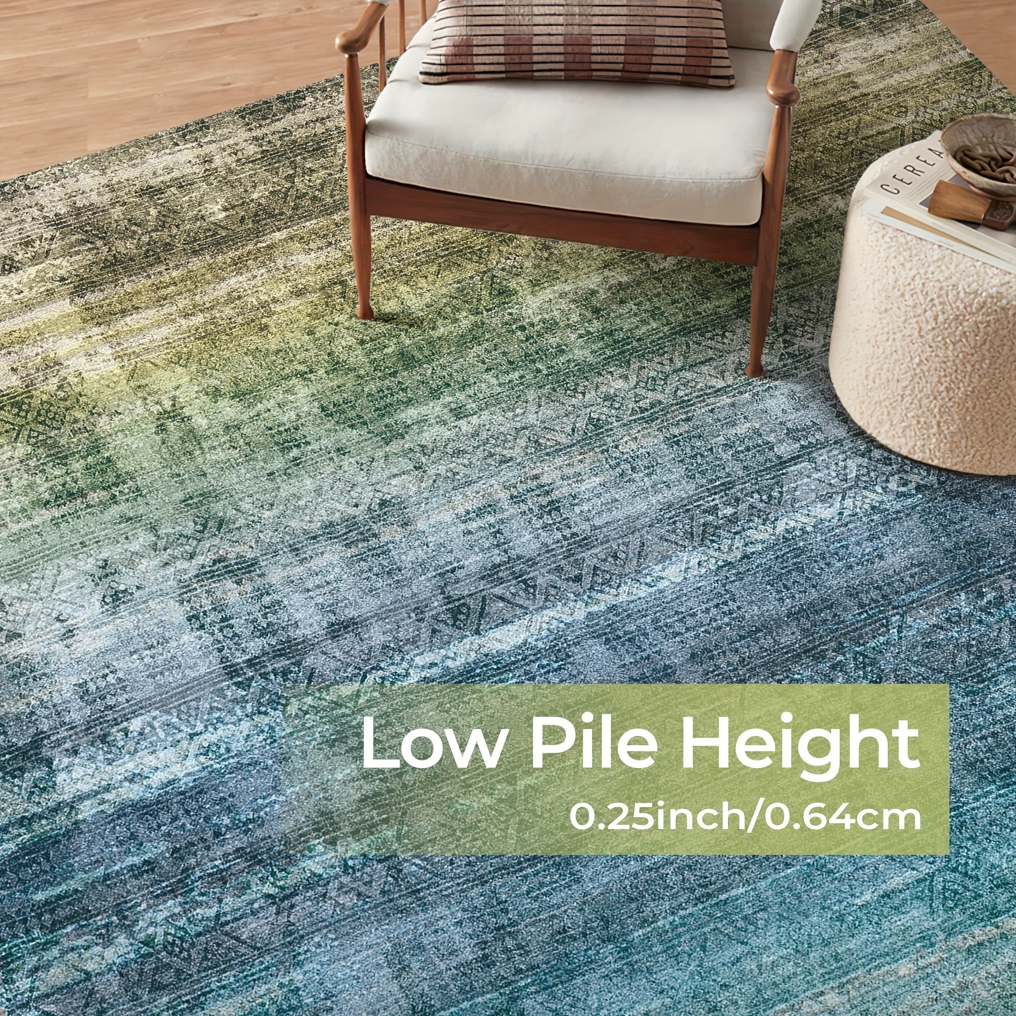 1pc Washable Area Rug Gradient Teal Blue Soft & Non-Slip, Vintage Moroccan Style, Modern Abstract Easy Cleaning - Perfect For Living Room, Bedroom, Dining Room