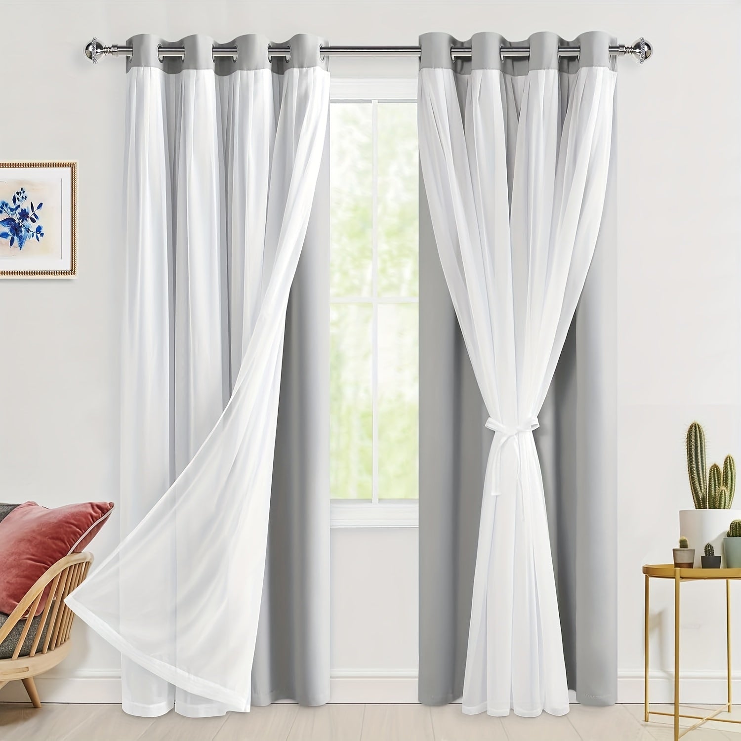 2 Panels Blackout Curtains with Sheer Overlay Thermal Insulated Mix & Match Double Layer Window Panels for Bedroom Living Room Drape Sewn with Tiebacks Grommet Top