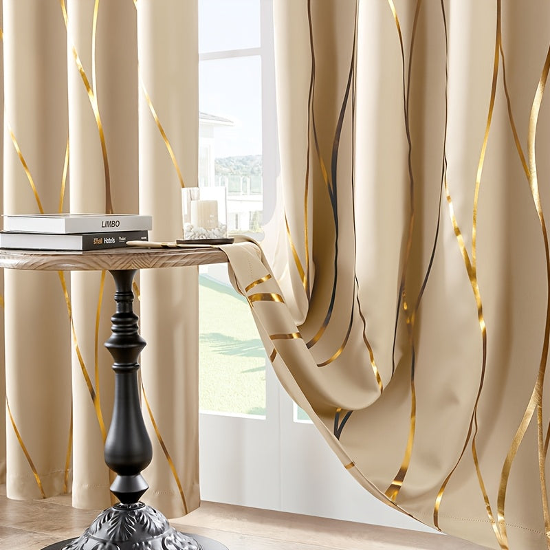 Wave Textured Curtains 4pcs Set Of Khaki Wave Textured Hot Stamping Curtains | Perforated Hanging For Shading, Heat Insulation, Cooling & Noise Reduction - Darkens Room, Suitable For Living, Dining & Study Rooms