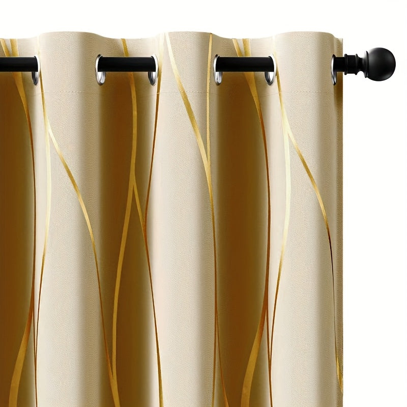 Wave Textured Curtains 4pcs Set Of Khaki Wave Textured Hot Stamping Curtains | Perforated Hanging For Shading, Heat Insulation, Cooling & Noise Reduction - Darkens Room, Suitable For Living, Dining & Study Rooms