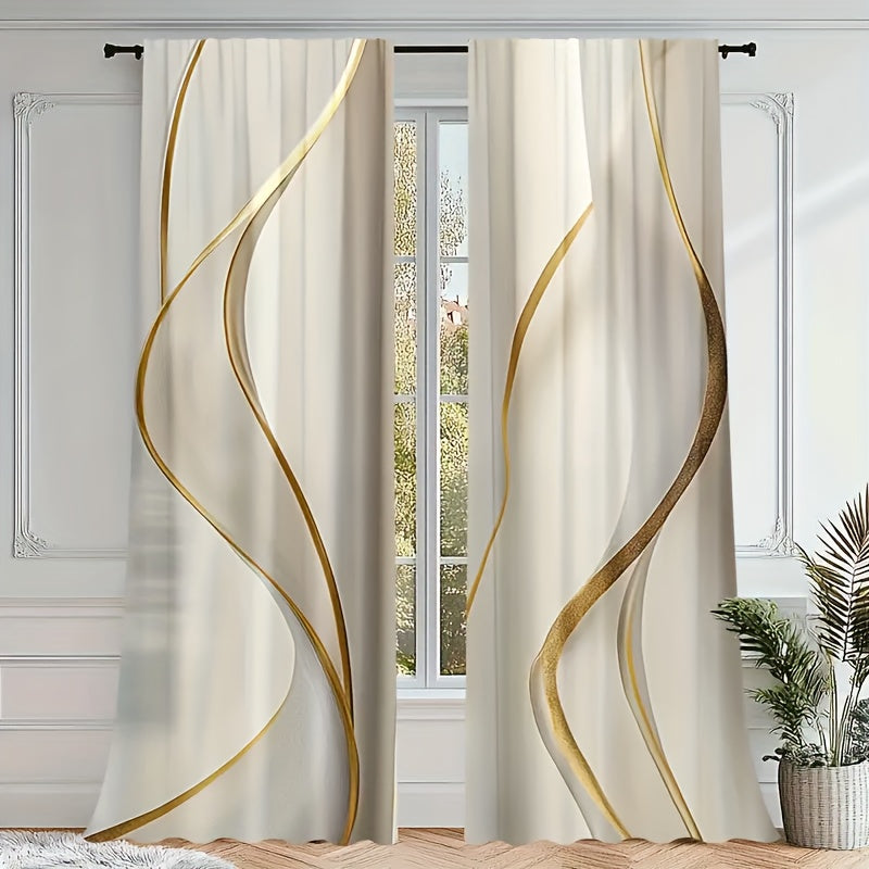 Elegant Polyester Drapes 2pcs Golden Elegance Polyester Drapes - Semi-Transparent, Rod Pocket, Machine Washable Curtains for Living Room, Bedroom, Kitchen - Creates Comfortable Atmosphere
