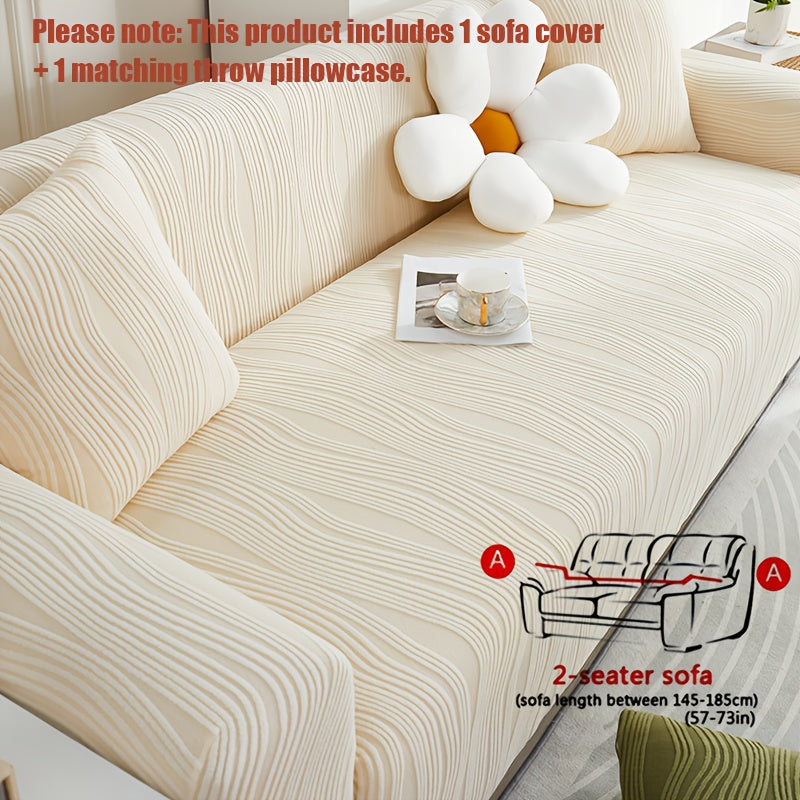1pc Modern Sofa Cover Compatible for 1-4 Seat Sofas - Thick Elastic Pet-Friendly Machine-Washable Beige & White Striped with Orange Accent Cover, Contemporary Jacquard Sofa for Living Room, Bedroom, Office - Fits Most Sofas