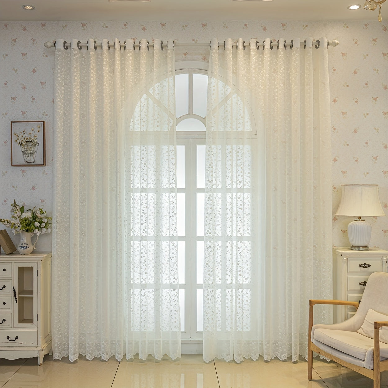 2pcs garden small flowers grass branches pattern jacquard transparent curtains, modern simple fashion living room bedroom kitchen dining room balcony home decorationdecoration