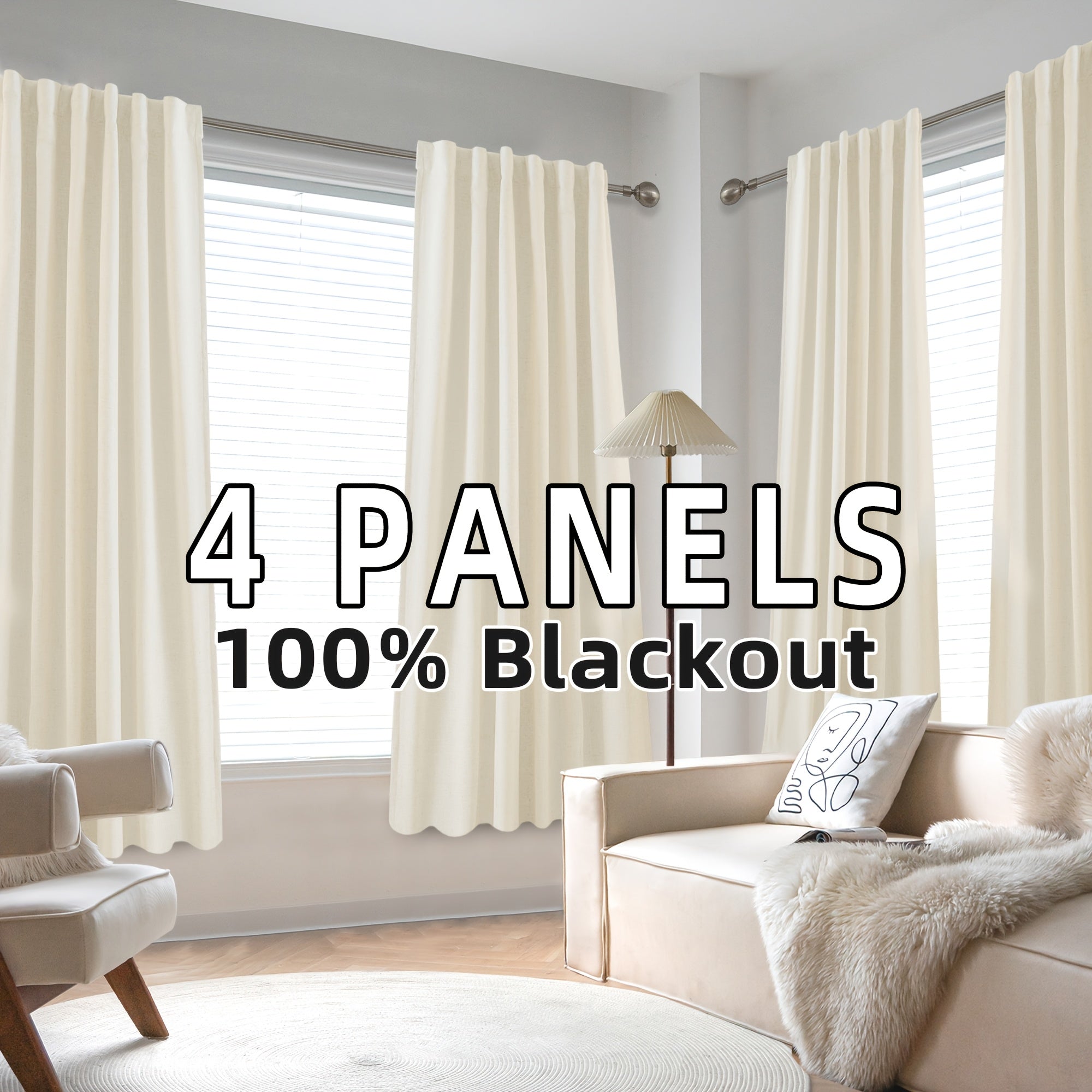 Blackout Linen Curtains 4 Panels 100% Blackout Linen Curtains | Thermal Insulated Rod Pocket Back Tab Full Light Blocking for Bedroom Farmhouse Living Room