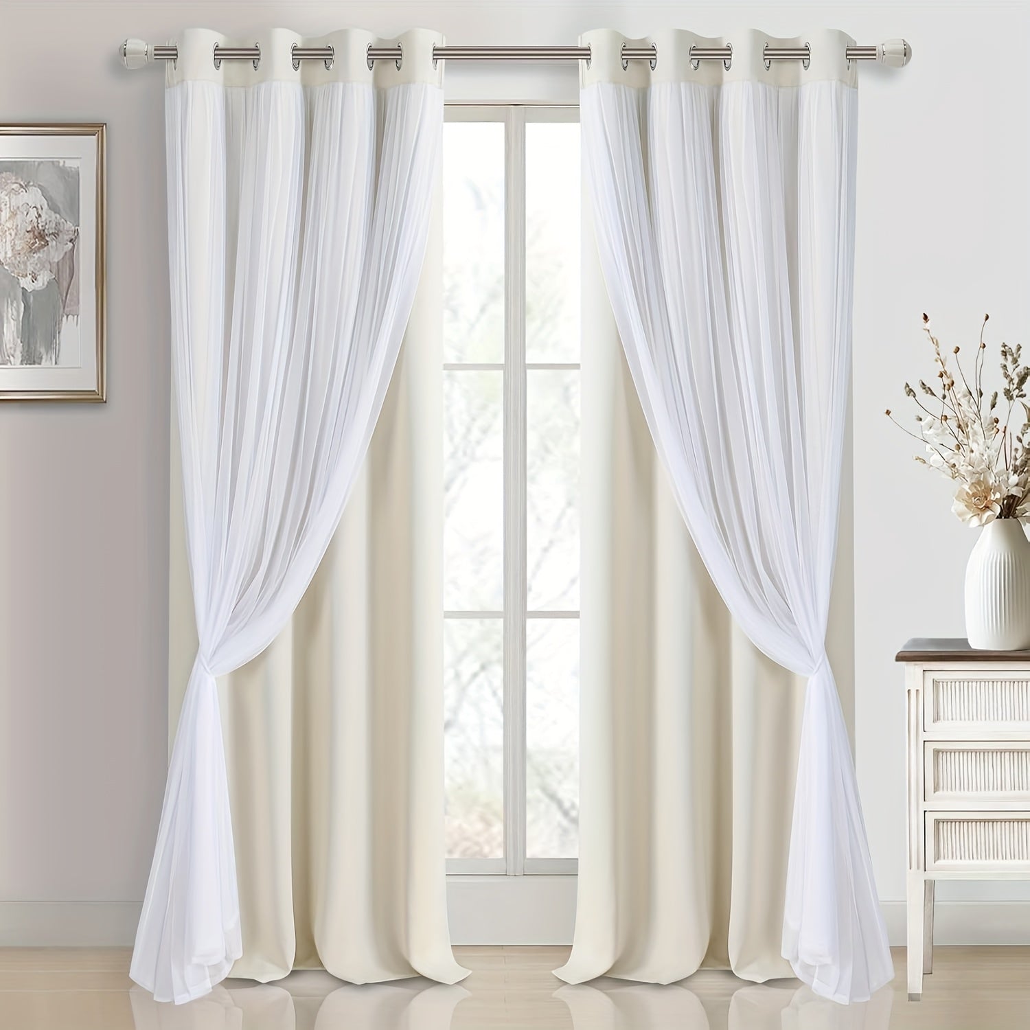 2 Panels Blackout Curtains with Sheer Overlay Thermal Insulated Mix & Match Double Layer Window Panels for Bedroom Living Room Drape Sewn with Tiebacks Grommet Top