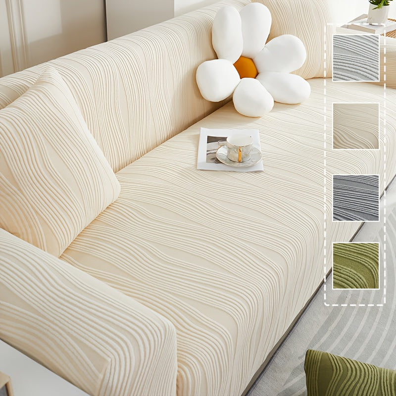 1pc Modern Sofa Cover Compatible for 1-4 Seat Sofas - Thick Elastic Pet-Friendly Machine-Washable Beige & White Striped with Orange Accent Cover, Contemporary Jacquard Sofa for Living Room, Bedroom, Office - Fits Most Sofas